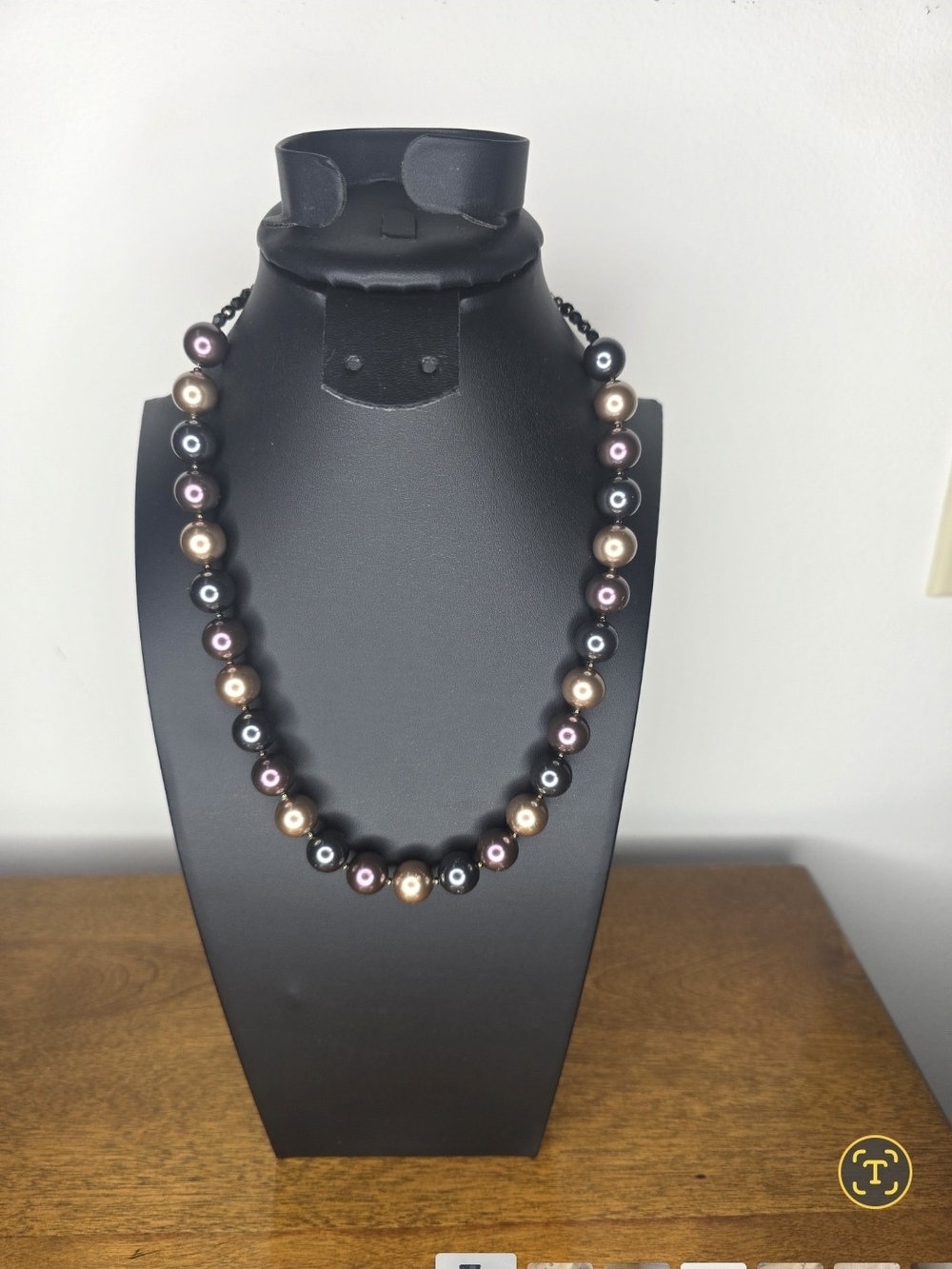 Multicolor Pearl Glass Bead Necklace — Black, Gold & Bronze Accents